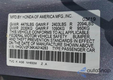 2019 Honda Accord Sport from USA, damaged, VIN 1HGCV2F34KA014283